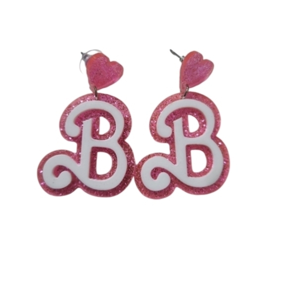 Creative Letter B Dangle Earrings Acrylic Pink with Glitter‎ Barbie